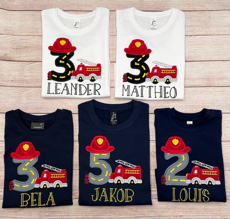 Feuerwehrauto Shirt mit Name und Nummer Geburtstagsshirt Feuerwehrmann, Besticktes Kindershirt, Geburtstagsgeschenk Bild 10