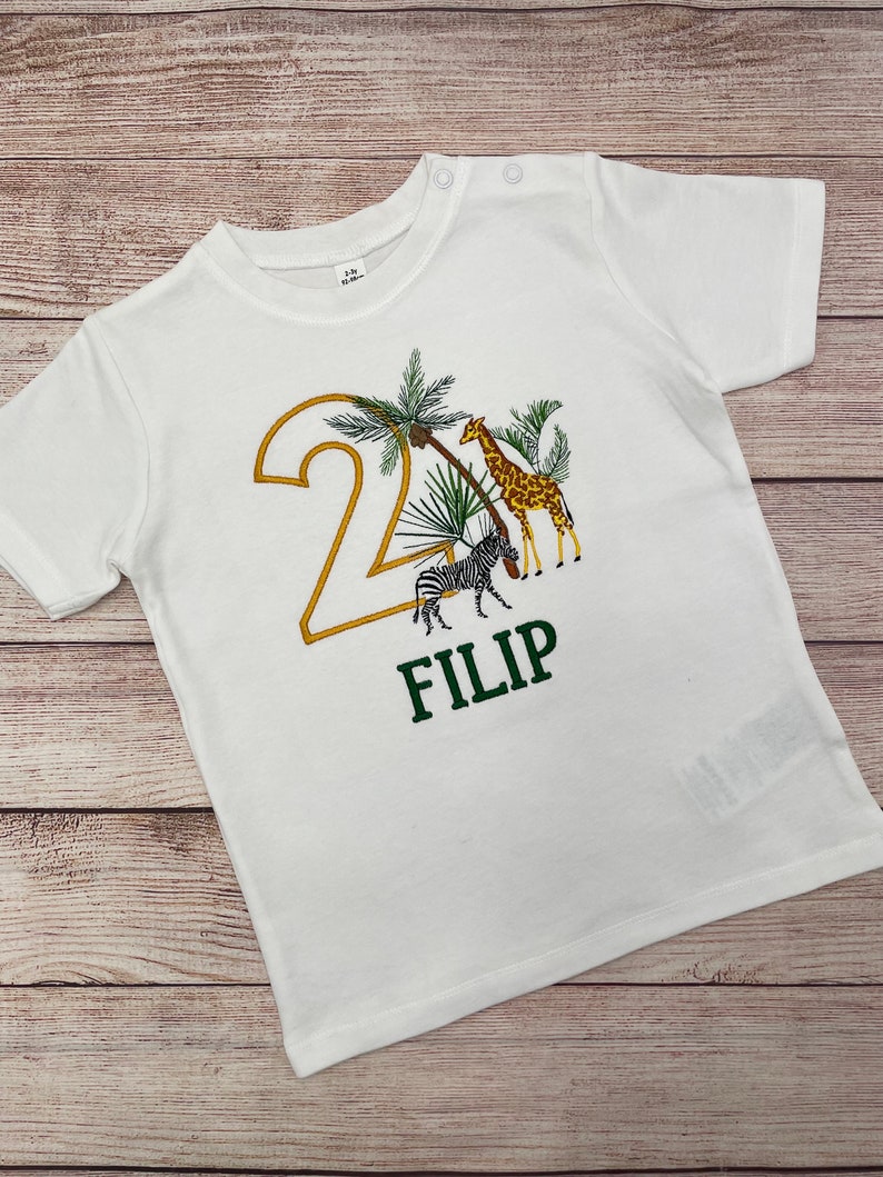 Personalised safari birthday shirt for kids, Embroidered safari birthday shirt, 1 2 3 birthday shirt, Shirt with Giraffe and Zebra image 6