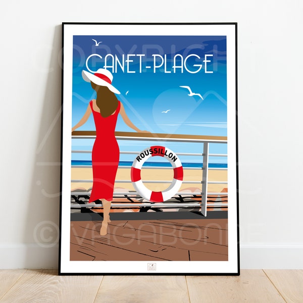 Affiche décorative de Canet plage dans le Roussillon - illustration 100% fait main et française