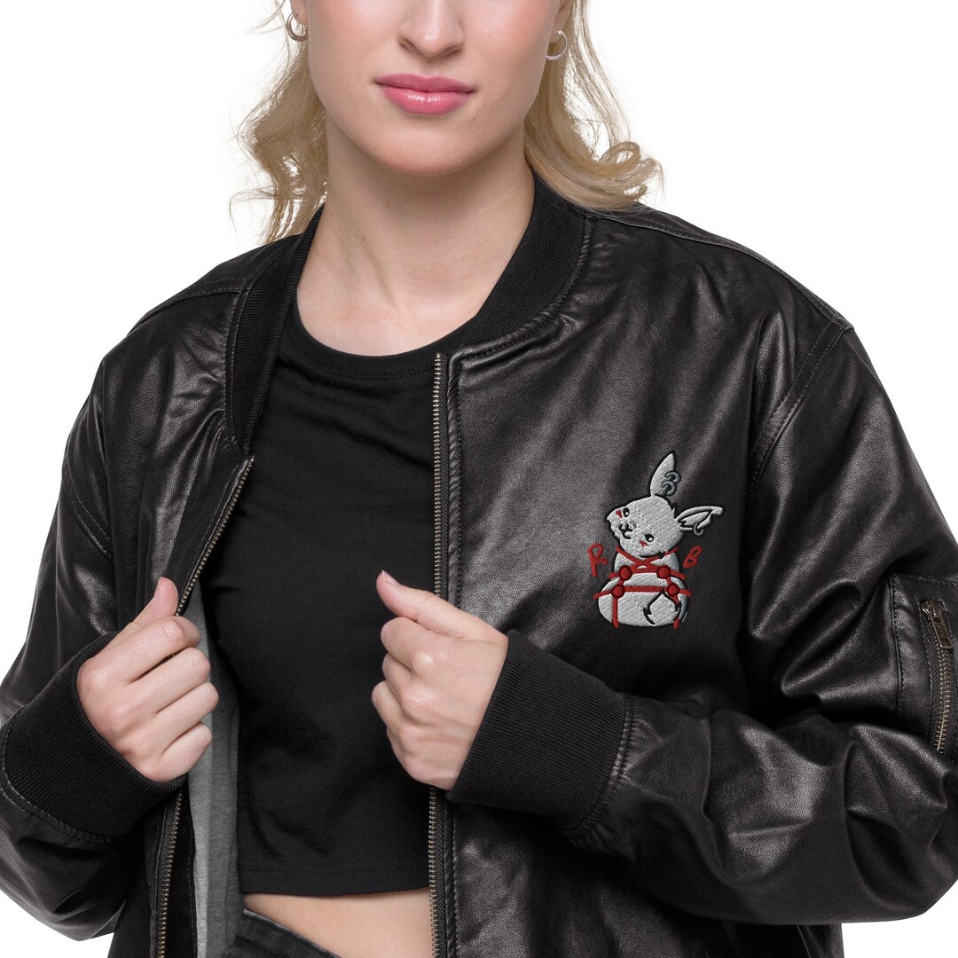 Embroidered Rope Bunny Faux Leather Jacket - Kinky Bomber Jacket ...