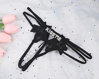 Personalised Name Thong Gift Set - Custom Lace Underwear with Pearls, Perfect Birthday Surprise for Wife or Girlfriend