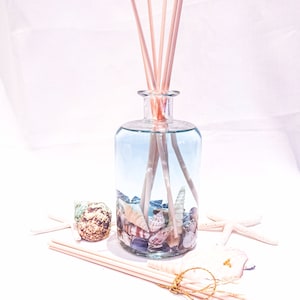 May include: A clear glass diffuser bottle with wooden sticks and seashells inside. The bottle is filled with a light blue liquid and the sticks are partially submerged. The seashells are a variety of colours and shapes.