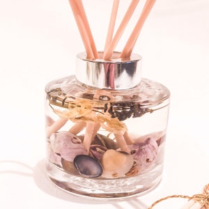May include: A clear glass diffuser bottle with a silver lid and pink reeds. The bottle is filled with a clear liquid and contains seashells and dried flowers.