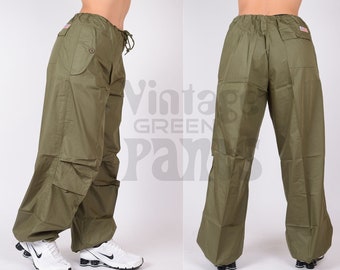 Pantalon de parachute baggy rétro vert olive des années 90 (nouveau pantalon issu d'animaux morts)