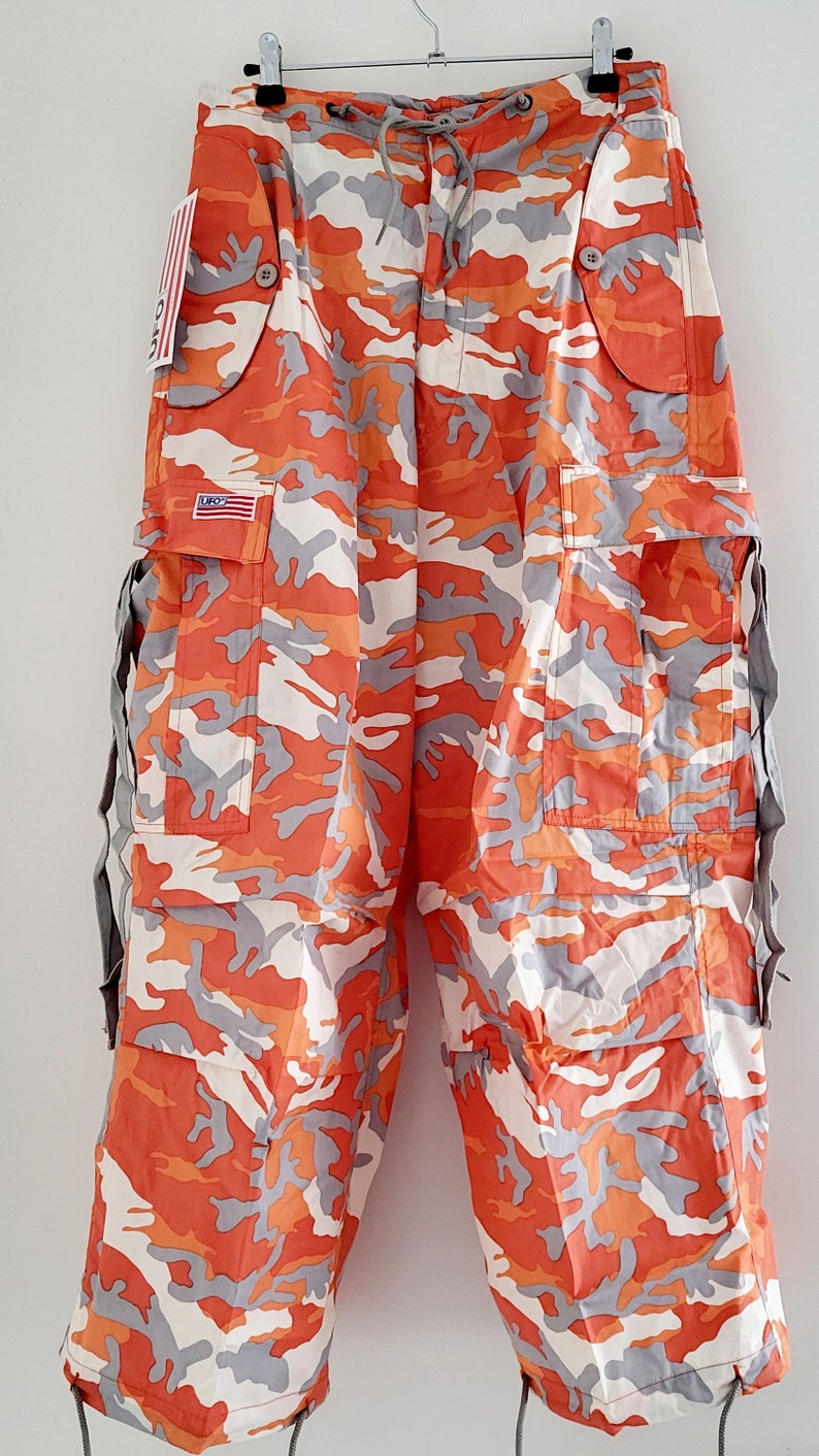 Kids retro Orange Army Camouflage XXS Baggy Unisex Oversized Y2k UFO Classic Parachute Wind Cargopants laatste kans zdjęcie 5