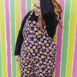 Funky print dungarees | retro print | unisex dungarees | comfy dungarees | relaxed fit dungarees | quirky overalls | monstera leaf dungarees