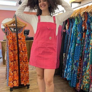 Hot pink corduroy pinafore dress for summer