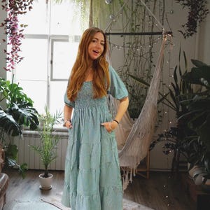 Vestido VENUS | vestido de algodão xadrez | vestido de verão esvoaçante | vestido de piquenique | cottagecore | vestido de verão xadrez | mangas bufantes | com bolsos