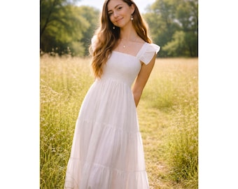 White Cotton Maxi Dress: Boho Cottagecore Summer Dress