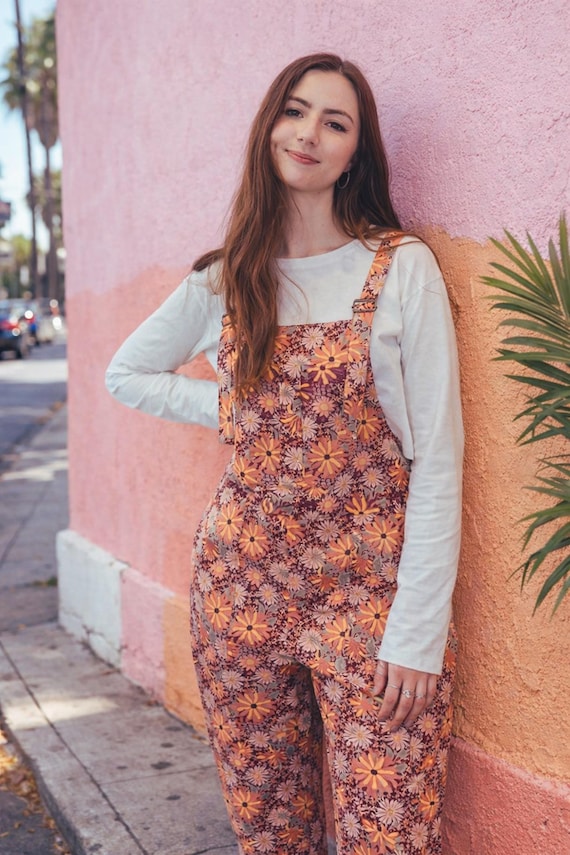 Retro style funky pink flower print dungarees