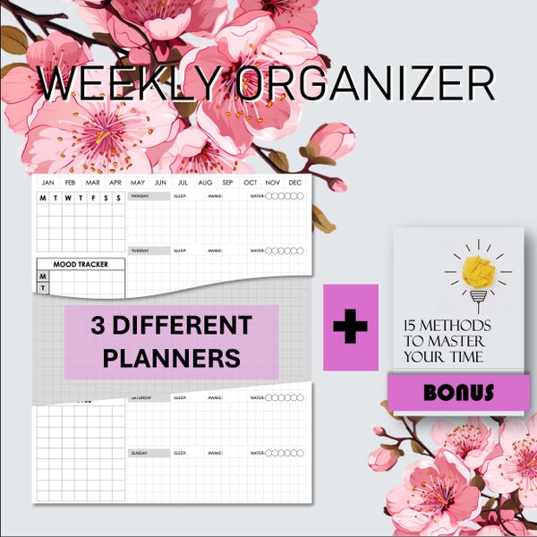3 IN 1 WEEKLY ORGANIZER and a bonus Time management textbook / organizer daily planner schedule mood tracker todo list notes notebook daily
