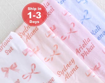 Manta personalizada com laço para bebê, manta personalizada com nome de menina, manta rosa de tecido macio para recém-nascidos/crianças, presente personalizado para menina, presentes para crianças