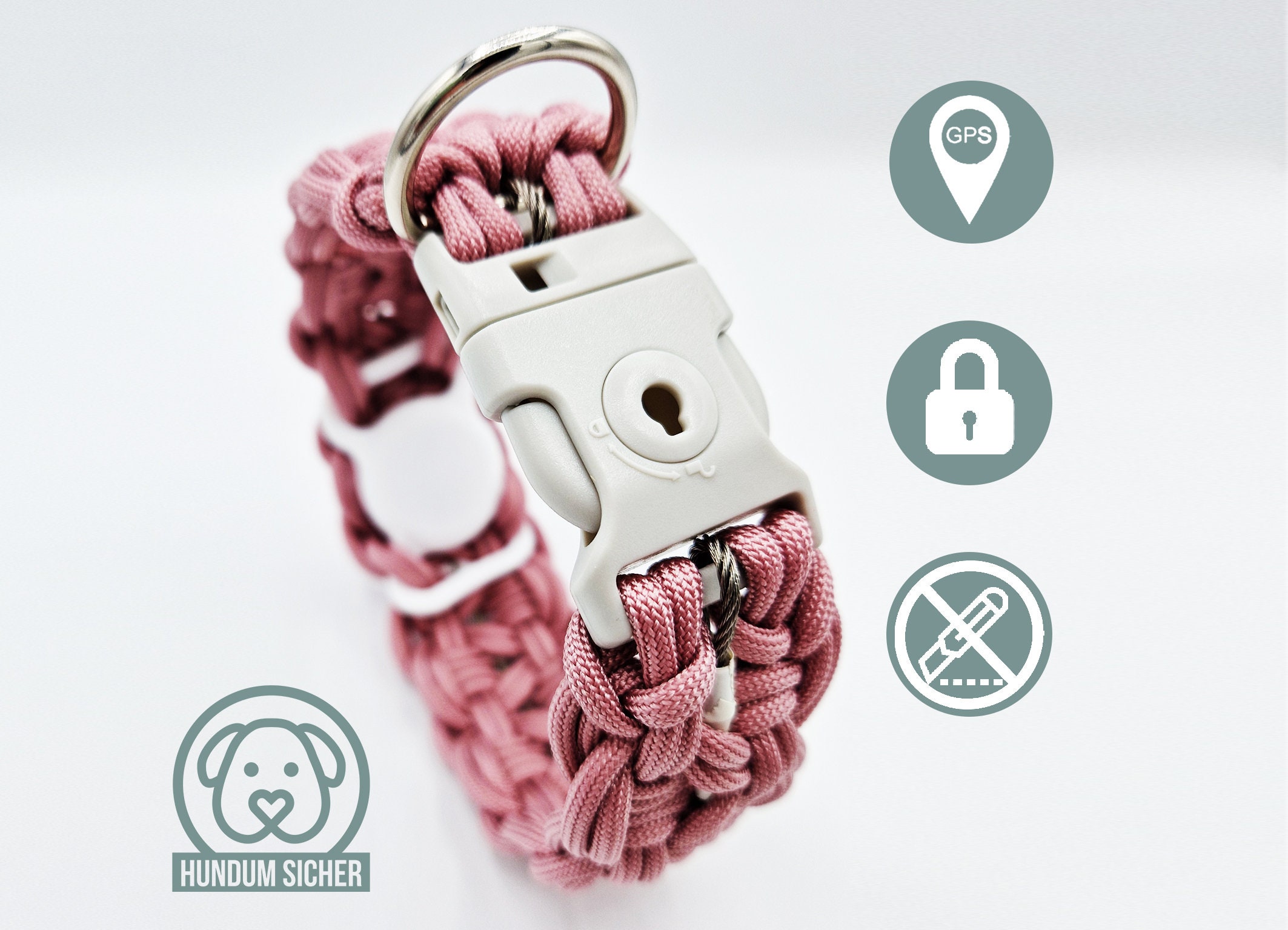 GPS tracker dog collar | hidden Apple AirTag holder | optional anti-theft protection [pale pink]