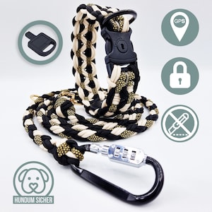 Anti-theft dog leash and collar set - optionally with hidden Apple AirTag holder (GPS tracker) [Gold, Beige & Black]