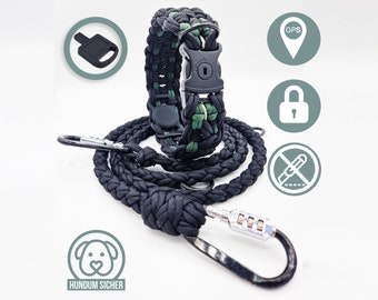 Anti-theft dog leash and collar set - optionally with hidden Apple AirTag holder (GPS tracker) [black & green]