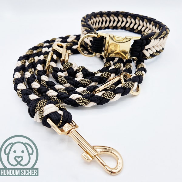 Dog leash and collar set - braided from paracord | Gold, black & beige