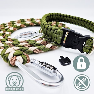 Anti-theft dog leash and collar set - lockable with lock [green/beige/brown]