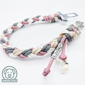 Cintura di sicurezza per cani | personalizzabile con nome e perle [rosa, beige, grigio e bianco]