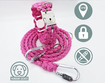Anti-theft dog leash and collar set - optionally with hidden Apple AirTag holder (GPS tracker) [pink]