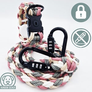 Anti-theft dog leash and collar set - optionally with hidden Apple AirTag holder (GPS tracker) [Pink, Beige, Gray & White]
