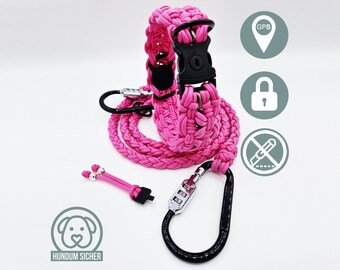 Anti-theft dog leash and collar set - optionally with hidden Apple AirTag holder (GPS tracker) [pink]
