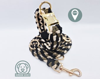 Dog leash and collar set - optional with hidden Apple AirTag holder (GPS tracker) [Gold, Beige & Black]