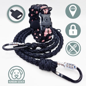 Anti-theft dog leash and collar set - optional with hidden Apple AirTag holder (GPS tracker) [Black & Pink]