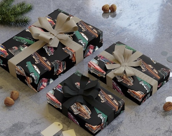 Papel de regalo de coches clásicos de colores / Papel de regalo de vehículos retro para niños y adultos / Papel de regalo de cumpleaños de coches clásicos / Papel de transporte divertido