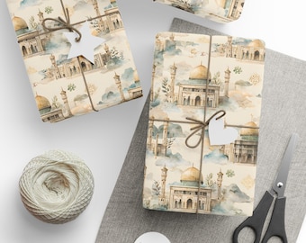 May include: Gift-wrapped boxes with a beige and blue mosque pattern, tied with twine and heart-shaped tags. A ball of twine, scissors, and blank tags are also present, suggesting a theme of gift-giving and celebration.