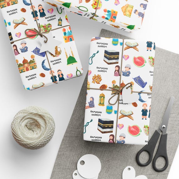 Kids Islamic Gift Wrapping Paper | Colourful Eid Ramadan Gift Wrap | Kaaba, Quran Mosque Design | Muslim Children Gifts