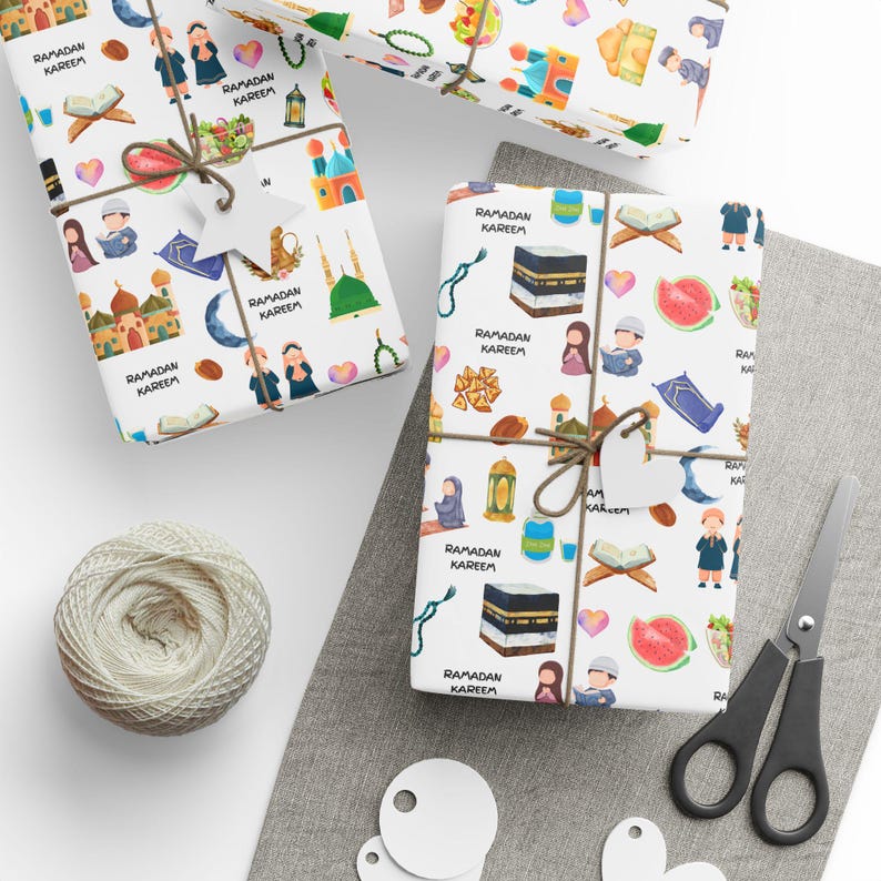 Kids Islamic Gift Wrapping Paper | Colourful Eid Ramadan Gift Wrap | Kaaba, Quran Mosque Design | Muslim Children Gifts image 1