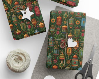 May include: Gift-wrapped presents with a dark green background and a colorful lantern pattern. Each package is tied with twine and a white tag. A ball of twine, scissors, and blank tags are also visible.