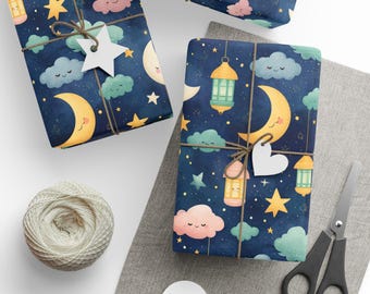 May include: Gift-wrapped presents with a navy blue celestial pattern featuring moons, stars, and lanterns. The gifts are tied with twine and adorned with star and heart-shaped tags. A spool of twine, scissors, and blank tags are also visible.