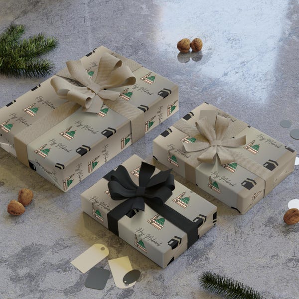 Hajj Mubarak Wrapping Paper Roll | Islamic Gift Wrapping Paper | Kaaba and Prophet's Mosque Gold Wrap |  Gift Wrap | Muslim Presents