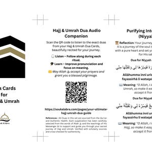 Cartes du Hajj et de la Omra Dua au format PDF imprimable - Avec lien de récitation audio en arabe - Téléchargement numérique