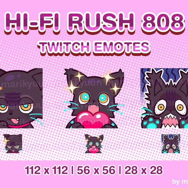 Hi-Fi Rush 808 Cat - Set of 3 Emotes for Streaming on Twitch, Youtube, Discord