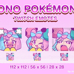 May include: Three pink and blue cartoon character Twitch emotes with different expressions. The emotes are in a square format with a white outline. The text "IONO POKÉMON TWITCH EMOTES" is at the top of the image. The text "112 x 112 | 56 x 56 | 28 x 28" is at the bottom of the image. The text "by marikyuun" is at the bottom right of the image.