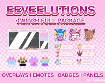 Eeveelution Streaming Package - 4 Scenes, 2 Overlays, 4 Emotes, 10 Sub Badges, 30 Panels for Twitch, Youtube, Streamlabs OBS
