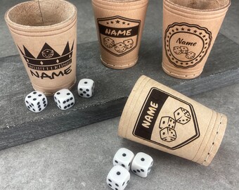 Puzzle cup with motif | Real leather dice cup | including 6 dice | Personalizable | By name