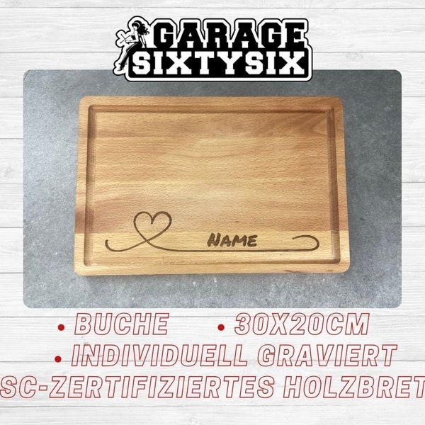 Cutting board with heart and name | rectangular with juice groove | Solid wood with engraving | 30 x 20 x 1.9 cm | customizable | personalized