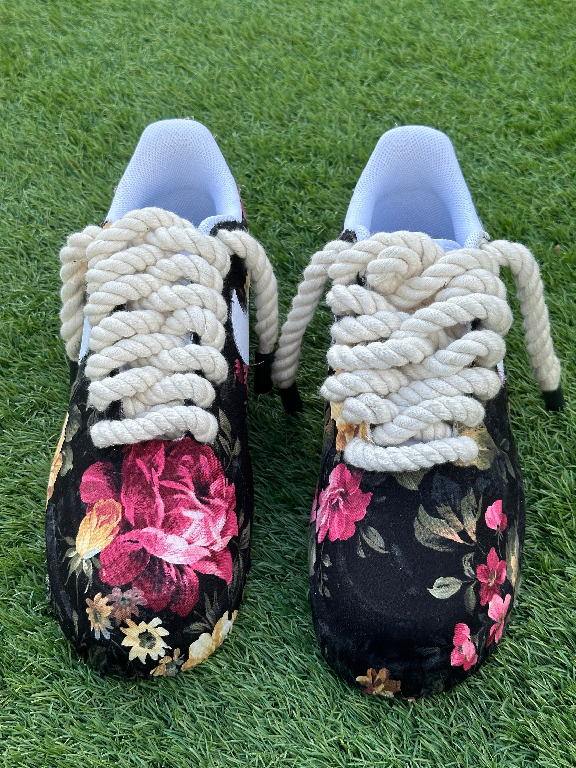 Custom air forces with rope laces and flower patch Blue Floral Bridal Custom Nike Air Force 1 Sneakers With  main image 4