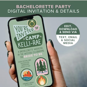 Editable Camp Bachelorette Party Digital Invitation & Itinerary, Last Trail Before the Veil Invite, Camping Theme Hen Party, Canva Template