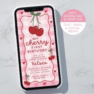 Puede incluir: Un fondo de pantalla de teléfono con un patrón de cuadros rosa y blanco con una ilustración de cereza y el texto "My Cherry First Birthday". El texto también incluye el nombre "Kelsea", la fecha "August 18th at 1:00pm", la ubicación "20 Cooper Square, New York, NY 10003" y la información de RSVP "RSVP by August 11, 760-426-8123".