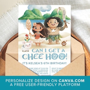 Moana-Geburtstagsfeier-Einladung, kann ich eine Chee Hoo Maui-Bday-Einladung bekommen, Hawaiianische Strandkinder-Sommerparty, digital bearbeitbare Canva-Vorlage