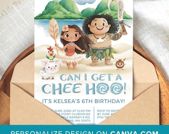Moana-Geburtstagsfeier-Einladung, kann ich eine Chee Hoo Maui-Bday-Einladung bekommen, Hawaiianische Strandkinder-Sommerparty, digital bearbeitbare Canva-Vorlage