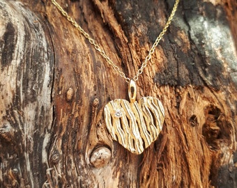 14K Gold "Wooden" Heart Necklace: Lab Grown Diamond Pendant