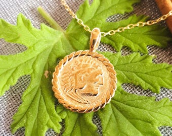 Alexander The Great 14K Solid Gold Coin Necklace, Twisted Frame