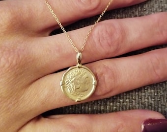 14K Solid Gold Alexander The Great Greek Coin Necklace