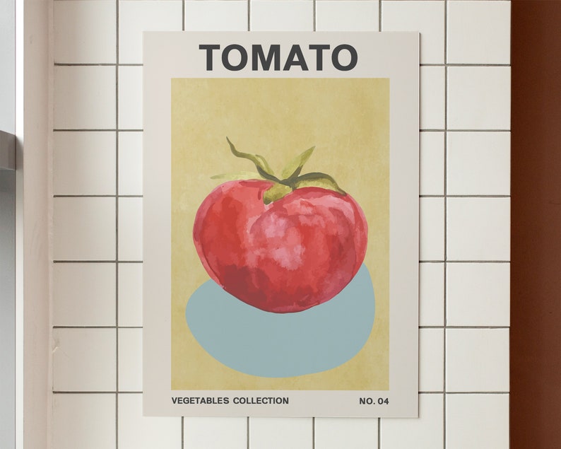 May include: A vintage-style poster with the word "TOMATO" in bold black letters. The poster features a watercolor illustration of a red tomato on a light blue background. The text "VEGETABLES COLLECTION NO. 04" is at the bottom of the poster.