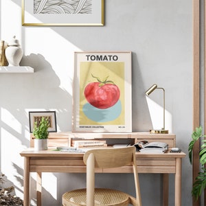 May include: A minimalist poster with a yellow background and a red tomato illustration. The poster is titled "TOMATO" and has the text "VEGETABLES COLLECTION" and "NO. 04" at the bottom.